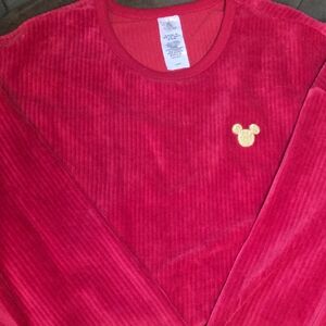 Disney Red Corduroy Crewneck Sweater with Gold Mickey Accent